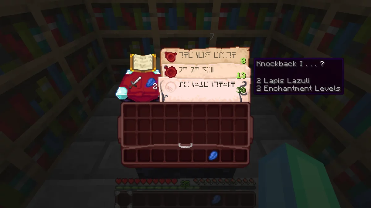 Interface de la table d’enchantement stylisée avec le pack de texture Minecraft Shrimp's Immersive Interfaces, dans une bibliothèque.