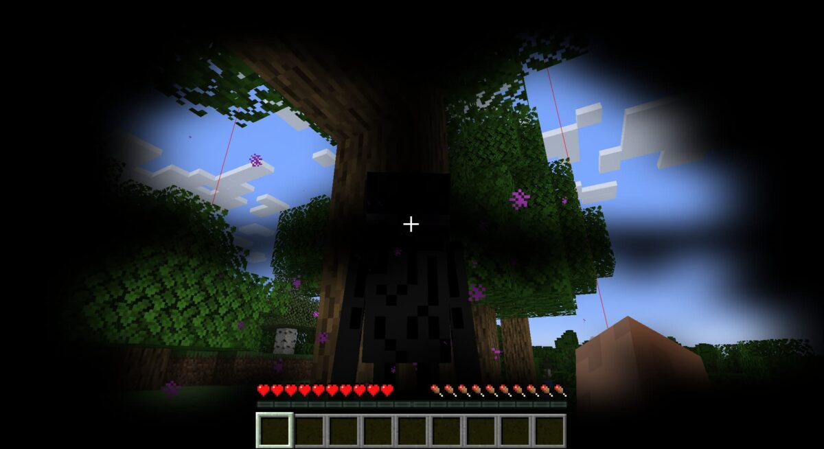 Un enderman observé de face dans Minecraft sans devenir hostile, grâce au port d’une citrouille sculptée comme casque.