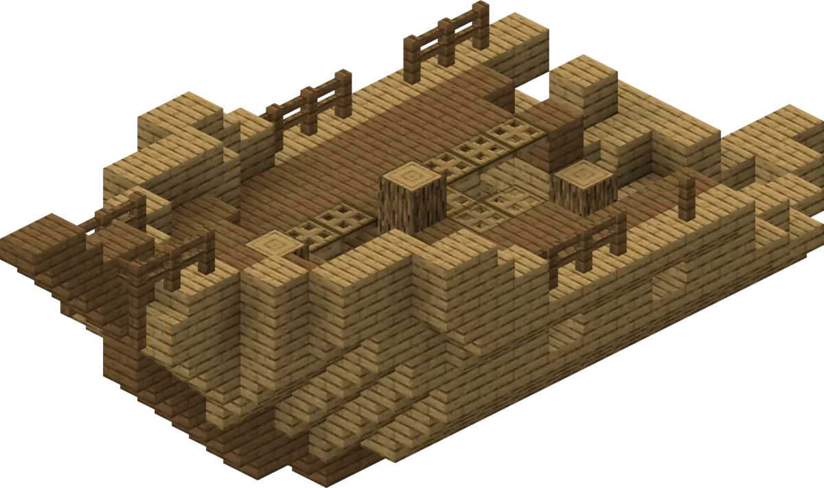 epave de navire minecraft vue de la proue en position droite structure intacte composée de planches de chêne d’escaliers de chêne de planches de sapin d’escaliers de sapin de barrières de sapin de trappes de chêne de bûches de chêne d’une porte en chêne et d’un coffre