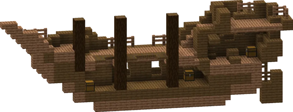epave de navire minecraft vue en coupe affichant la structure interne complète avec trois mâts pont central cabines proue et poupe et trois coffres visibles répartis dans les sections du navire