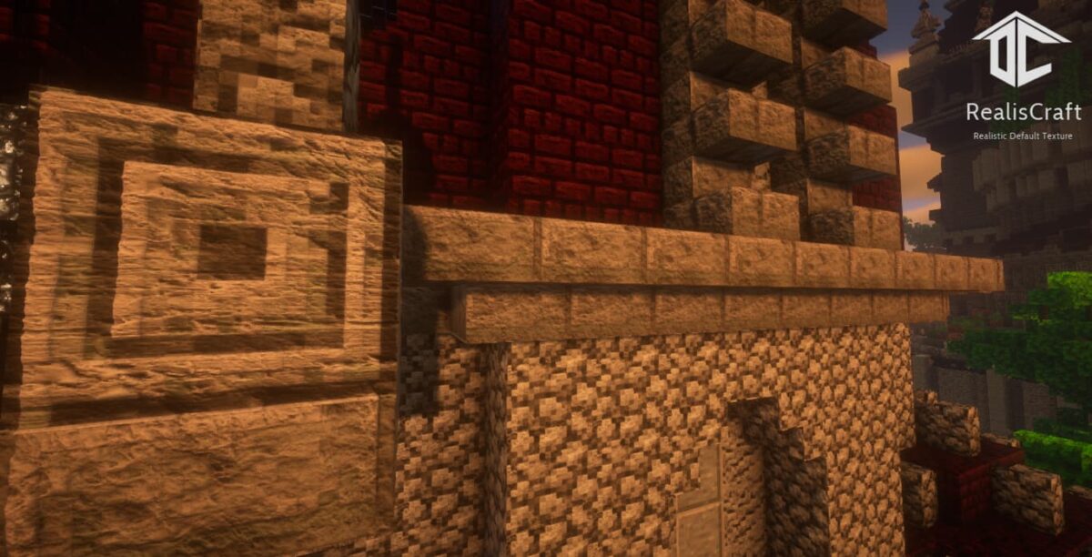 Pack de texture Minecraft RealisCraft JE 256x : façade architecturale en grès sculpté et briques détaillées