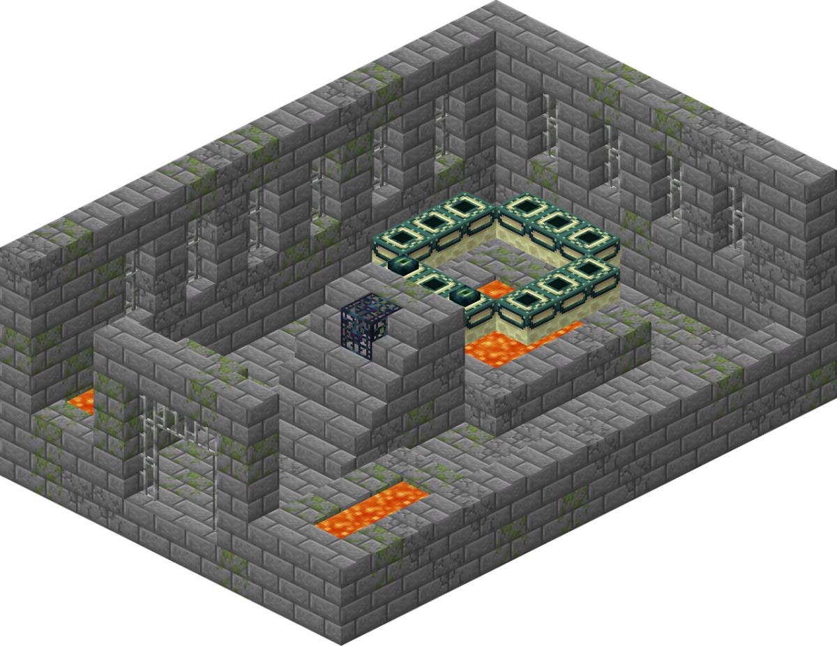 Vue intérieure d’un fort dans Minecraft, montrant un cadre de portail de l’End entouré de lave et de blocs de pierre moussue.