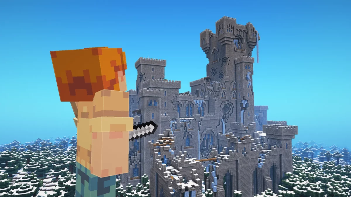 modpack Minecraft Vanilla Perfected montrant un personnage face à une immense forteresse enneigée