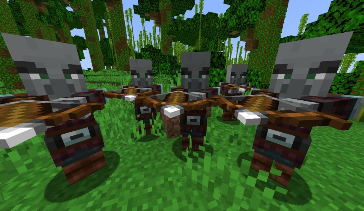  Groupe de pillards minecraft armés d’arbalètes dans une jungle