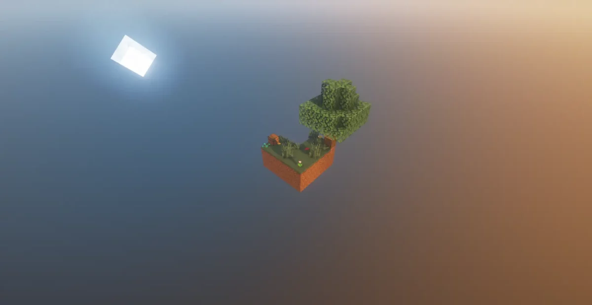 Île de départ Skyblock dans Minecraft avec arbre, coffre et végétation, éclairée par une lumière diurne.