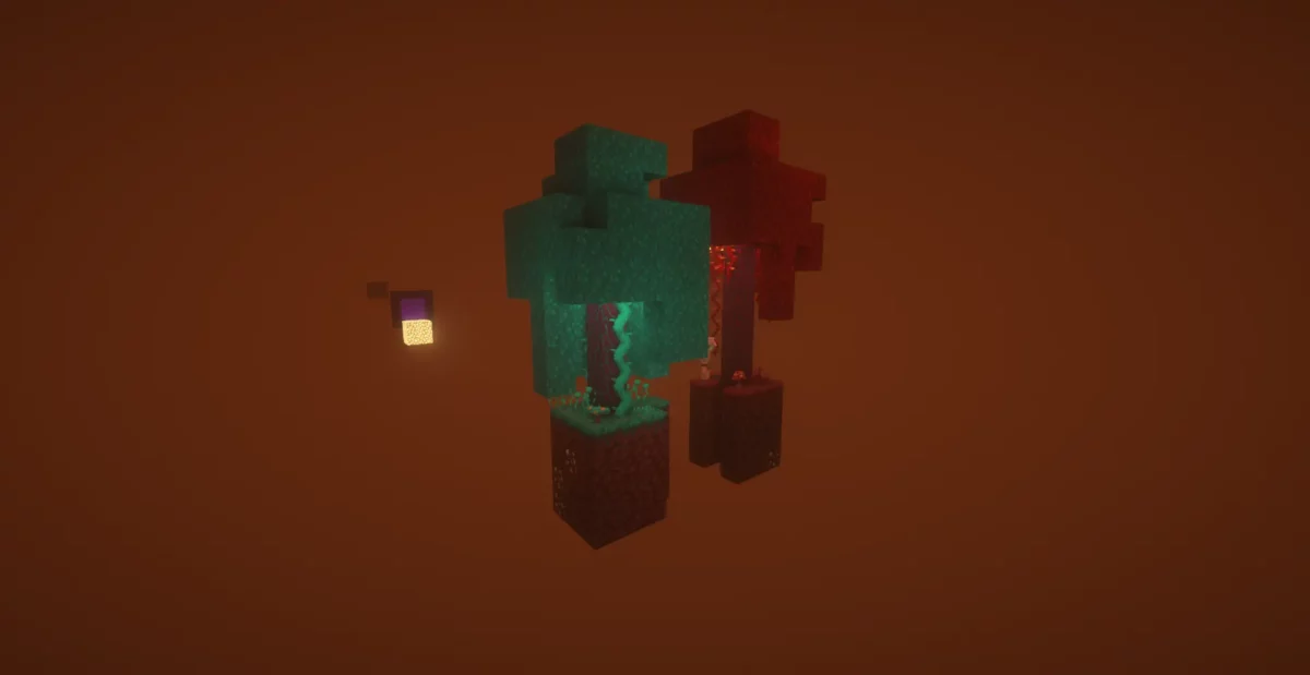 Îles flottantes représentant les biomes carmin et biscornu du Nether dans Minecraft, visibles depuis un portail lointain.