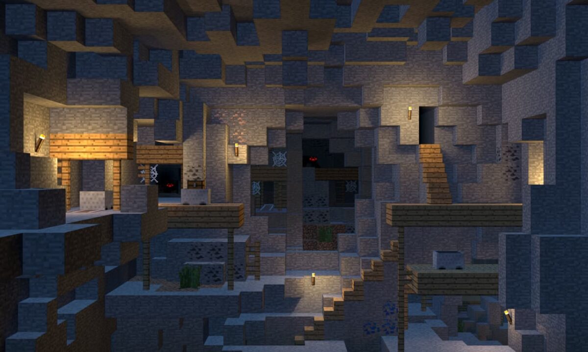 Illustration d’un puits de mine complexe avec couloirs, plateformes et piliers dans une grotte éclairée à la torche.