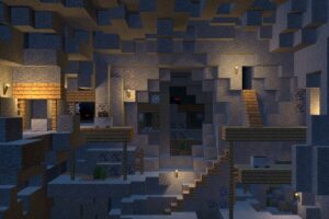 Puits de mine (Mineshaft) Minecraft - Où les trouver et leur structure Illustration d’un puits de mine complexe avec couloirs, plateformes et piliers dans une grotte éclairée à la torche.