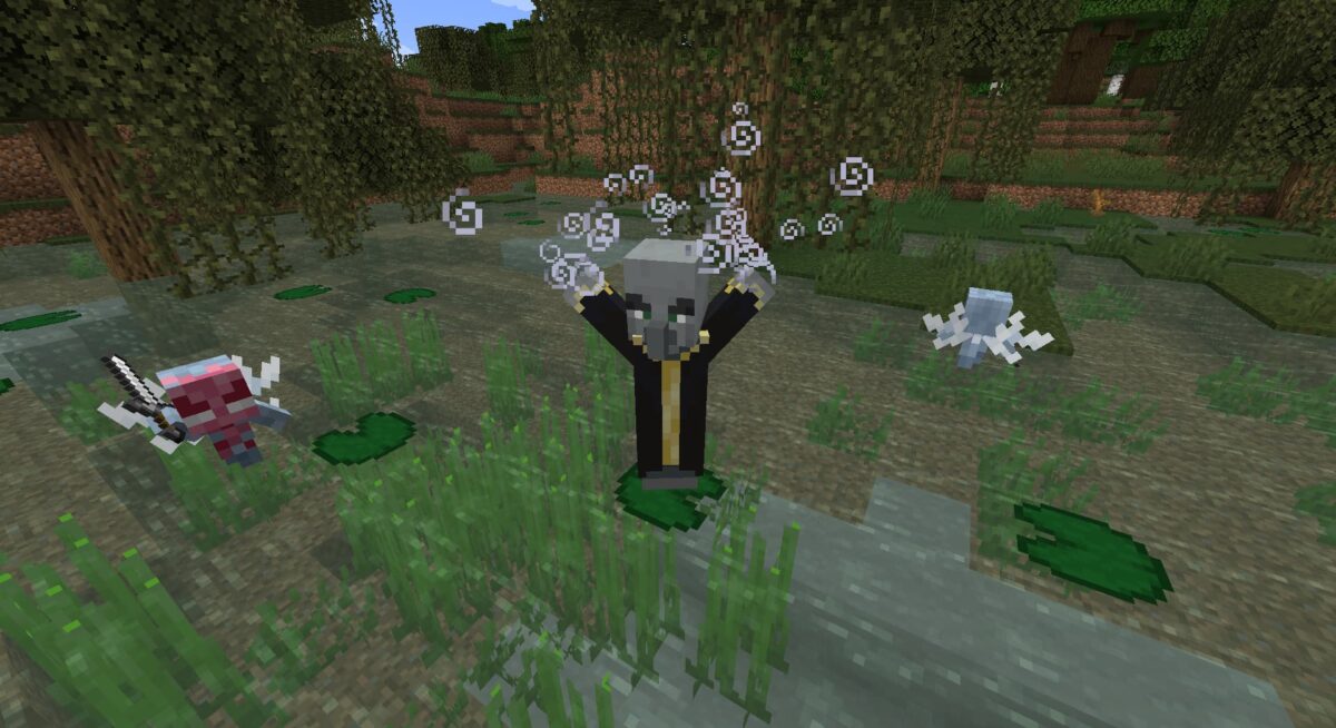 Un évocateur de minecraft invoque des vexes avec des particules tourbillonnantes dans un marais