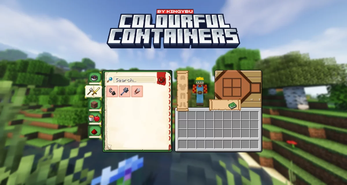 Interface du pack de texture Minecraft Colourful Containers GUI pour l’inventaire en mode survie avec menu de crafting intégré.