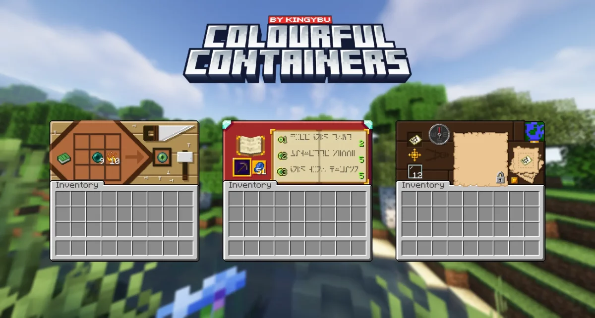 Interface colorée du pack de texture Minecraft Colourful Containers GUI montrant les menus de la table de craft, de l’enchantement et de la cartographie.