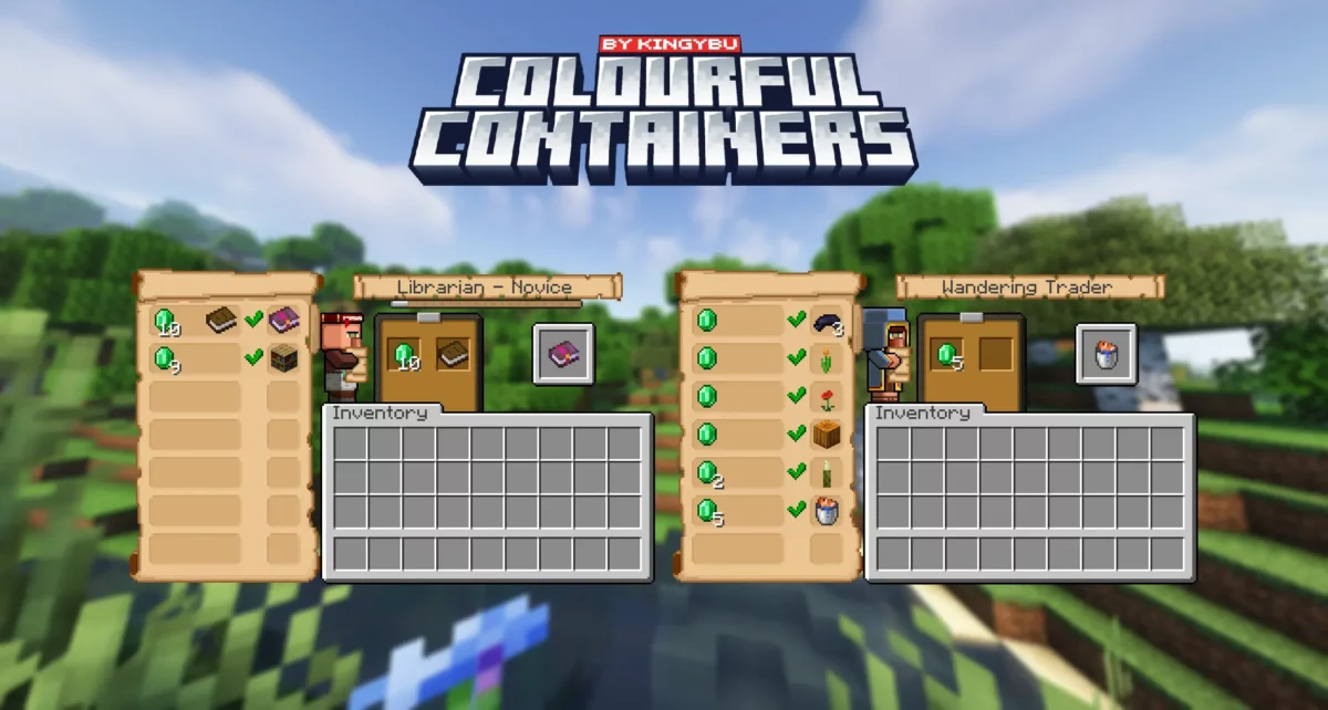Interface du pack de texture Minecraft Colourful Containers GUI pour les échanges avec le villageois et le marchand ambulant.