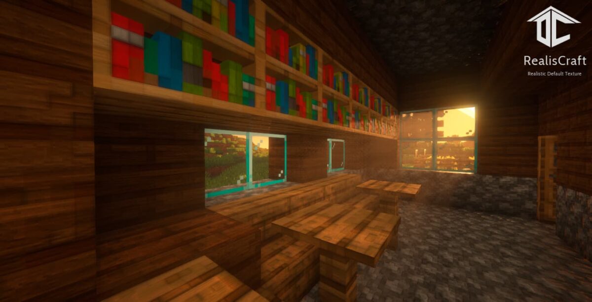 Pack de texture Minecraft RealisCraft JE Demo 128x : intérieur en bois avec bibliothèque et éclairage réaliste au coucher du soleil