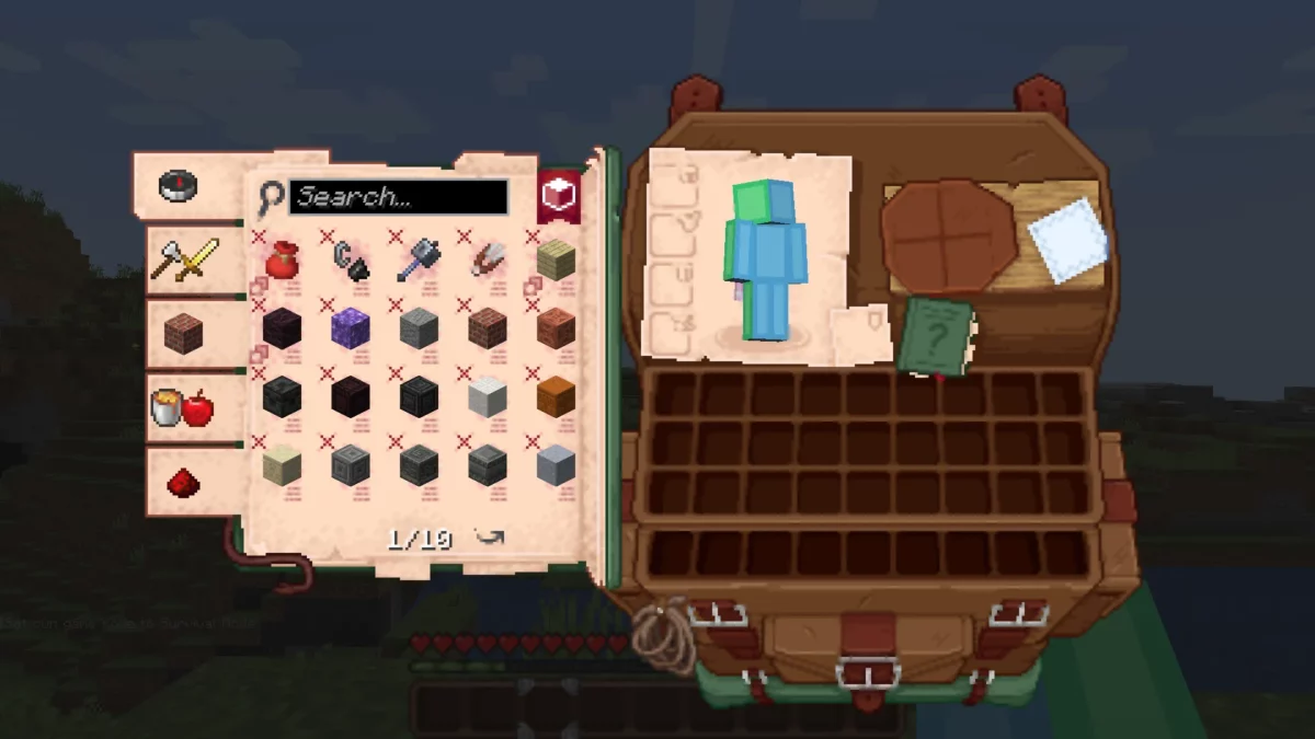 Interface d’inventaire repensée avec le pack de texture Minecraft Shrimp's Immersive Interfaces, affichant un sac ouvert stylisé en pixel art.