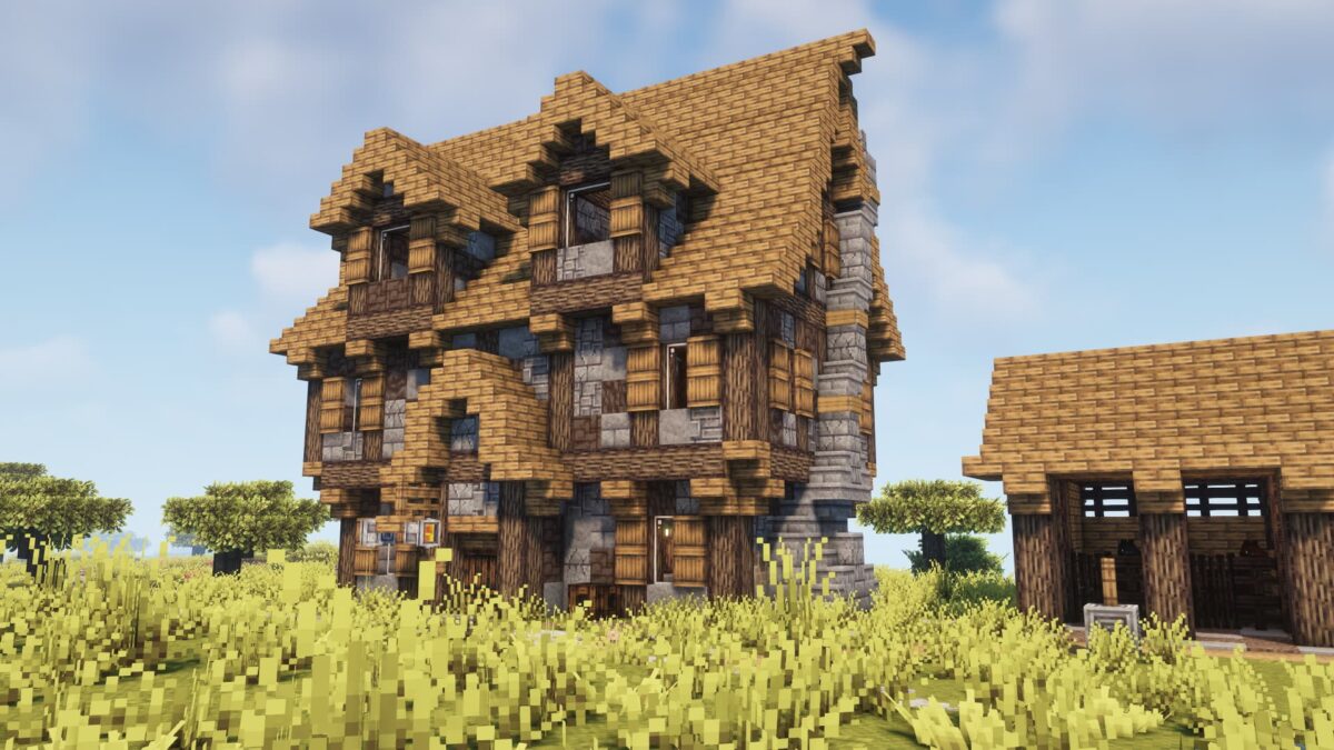 maison rustique en bois et pierre avec le pack de texture Minecraft Yuushya