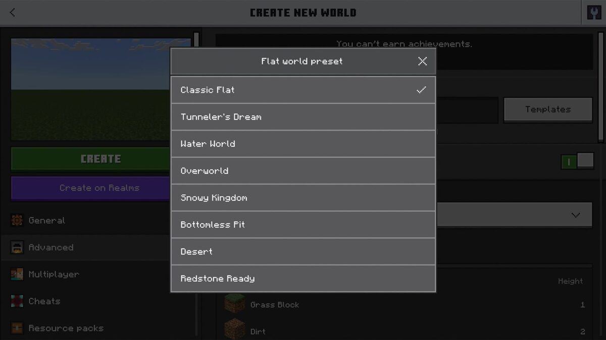 Menu de sélection des préréglages de mondes plats dans Minecraft Bedrock, affichant huit options disponibles.
