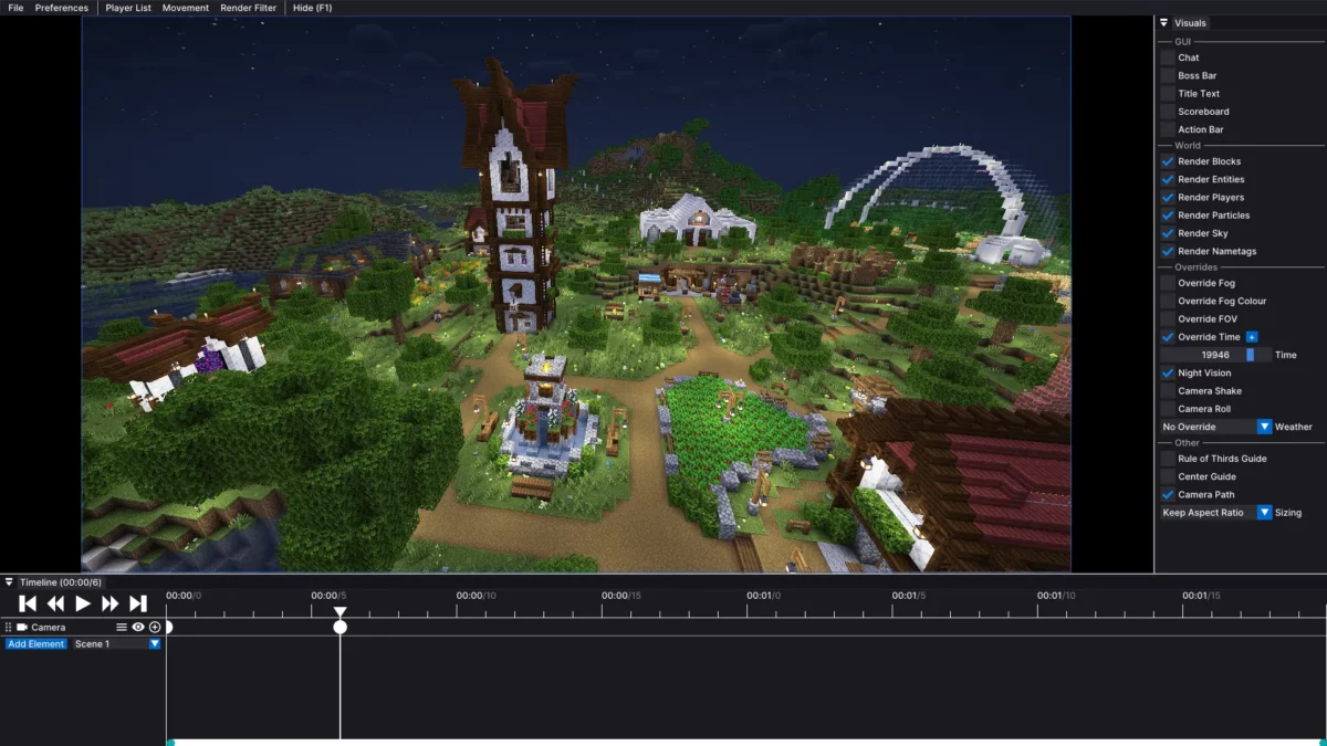 modpack Minecraft Vanilla Perfected avec le mode Théâtre activé pour enregistrer des scènes cinématographiques