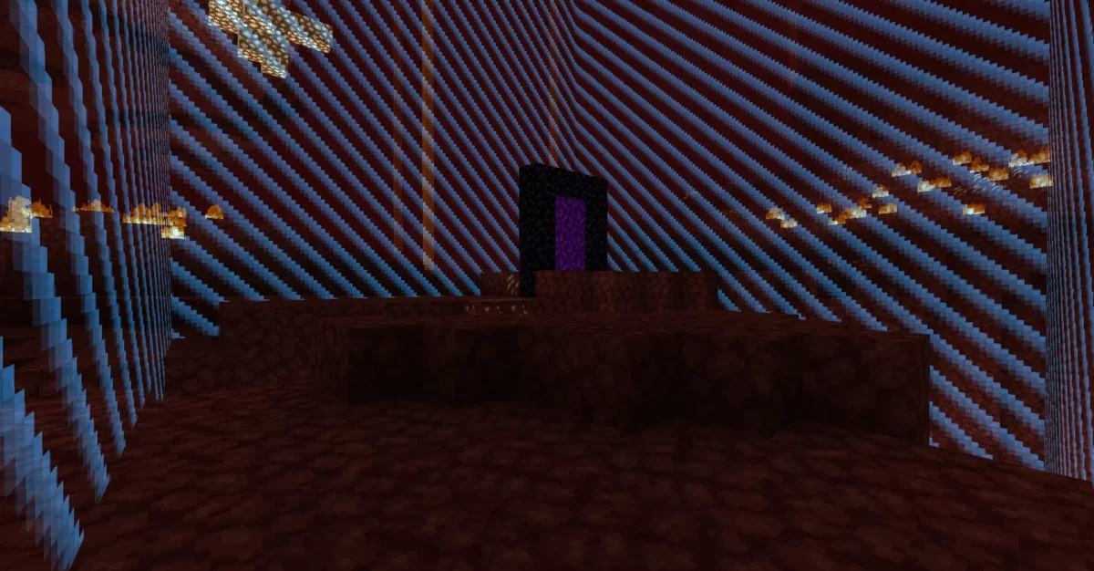 Portail du Nether confiné dans un chunk délimité par des bordures dans Minecraft, avec blocs de netherrack et flammes.