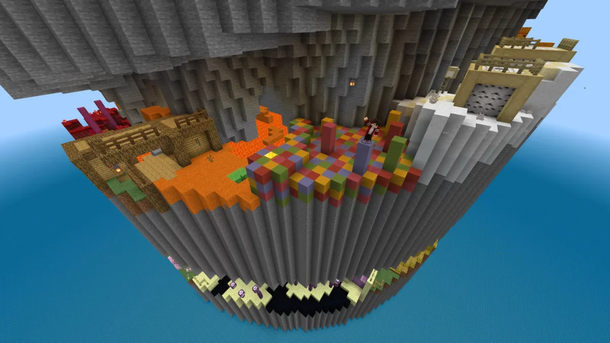 Zones de Parkour Spiral 3 avec blocs colorés, décor en bois, lave, neige et biomes du Nether dans Minecraft.