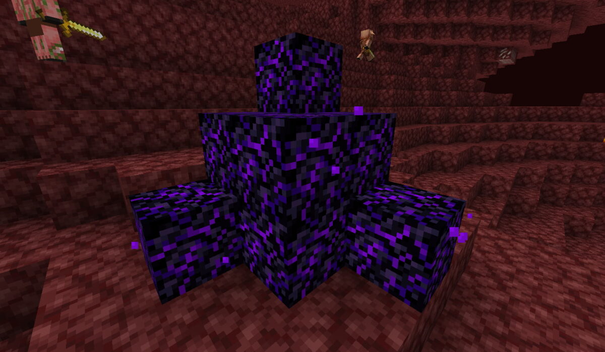 Plusieurs blocs d’obsidienne pleureuse disposés dans le Nether avec des particules violettes visibles.
