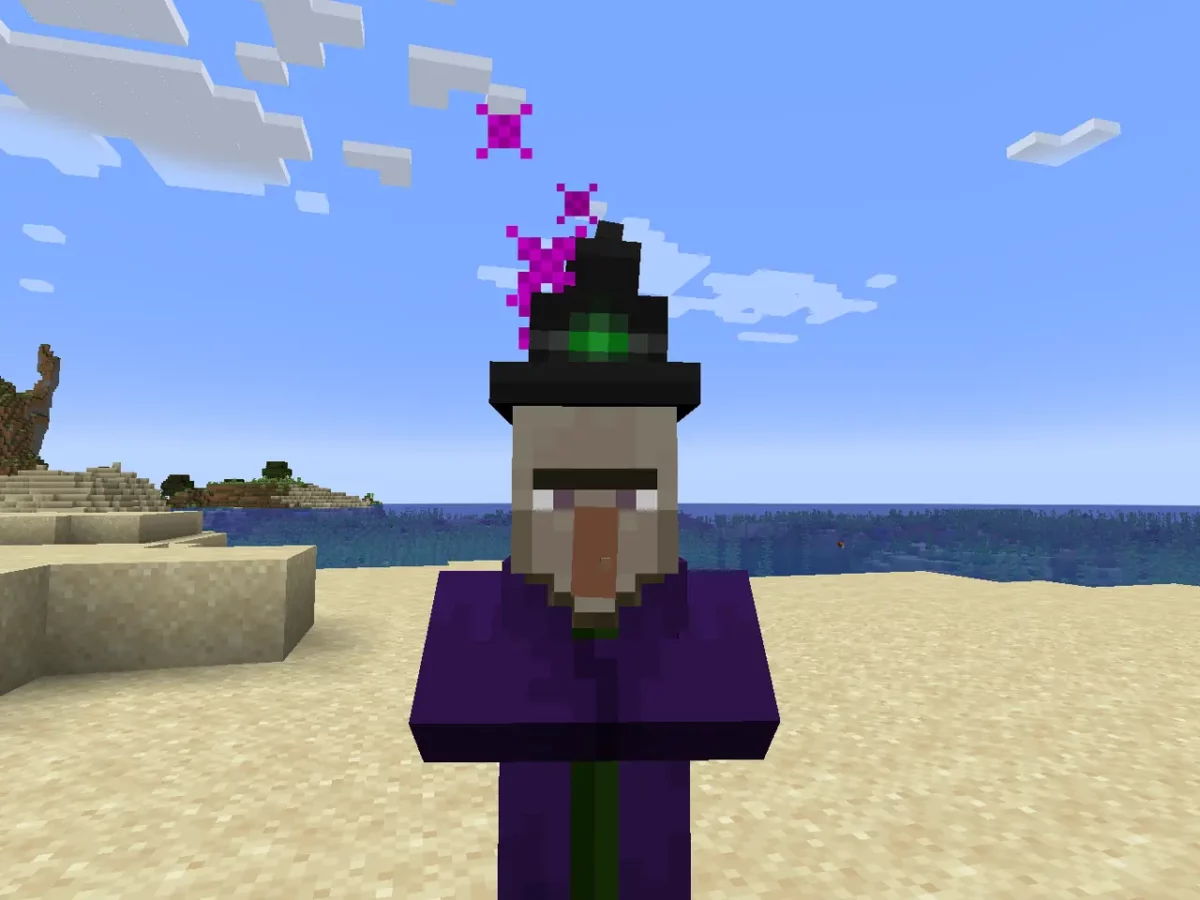 Sorcière de Minecraft émettant des particules violettes en forme d’étoile sur une plage, effet visuel rare lié à son comportement passif.