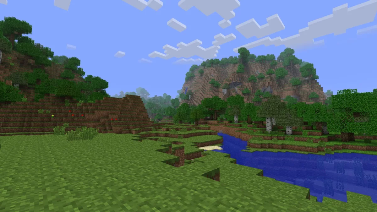 paysage de plaine et rivière dans Minecraft avec textures anciennes du pack Golden Days