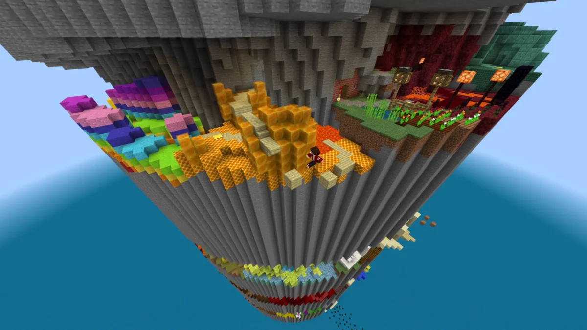 Étages de Parkour Spiral 3 avec parcours en blocs de laine colorée, structures de miel et décor agricole dans Minecraft.