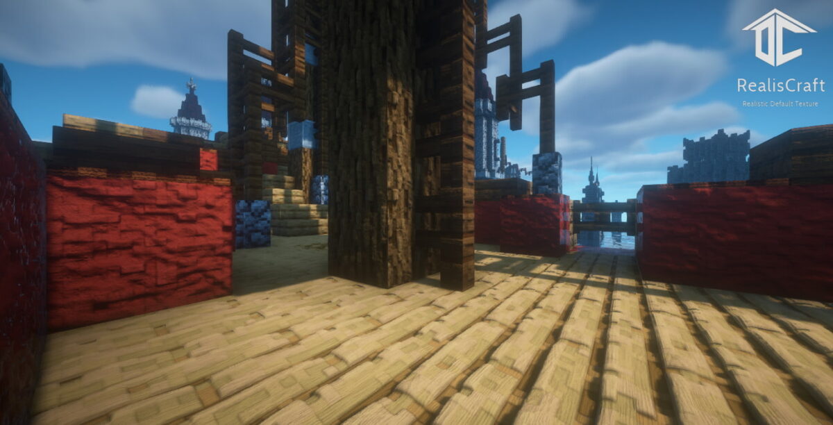 Pack de texture Minecraft RealisCraft JE 256x : pont en bois et structures médiévales avec textures réalistes et ombrages naturels