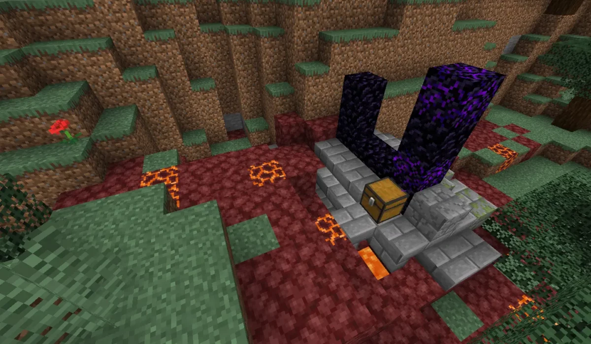 Portail en ruine dans Minecraft, généré en surface dans un biome taïga, avec des blocs de magma et un coffre visible