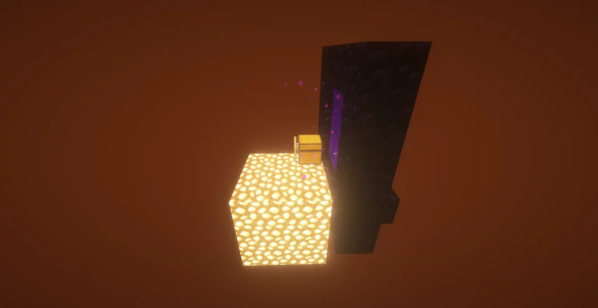 Plateforme lumineuse dans le Nether avec un coffre et un portail du Nether dans la carte Voidblock.