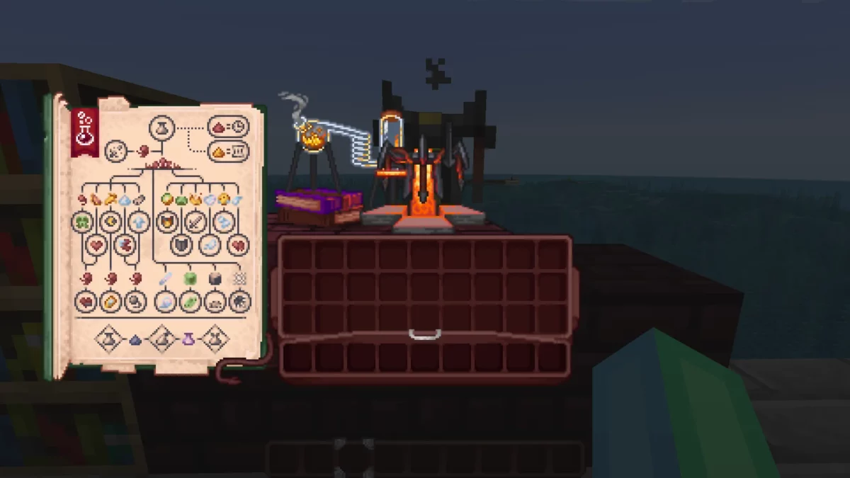 Interface d’alambic entièrement redessinée dans le pack de texture Minecraft Shrimp's Immersive Interfaces, ambiance laboratoire.