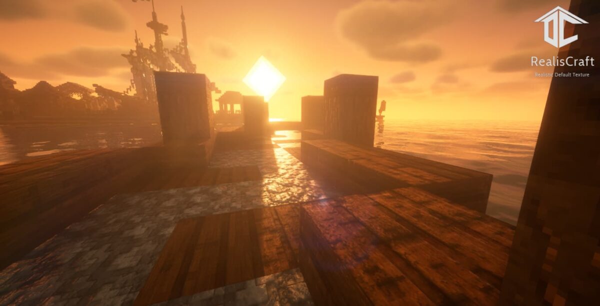 Pack de texture Minecraft RealisCraft JE Demo 128x : quai en bois avec reflets au coucher du soleil