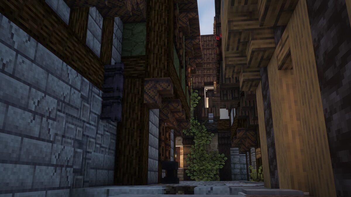 ruelle médiévale étroite avec textures bois et pierre du pack de texture Minecraft Yuushya