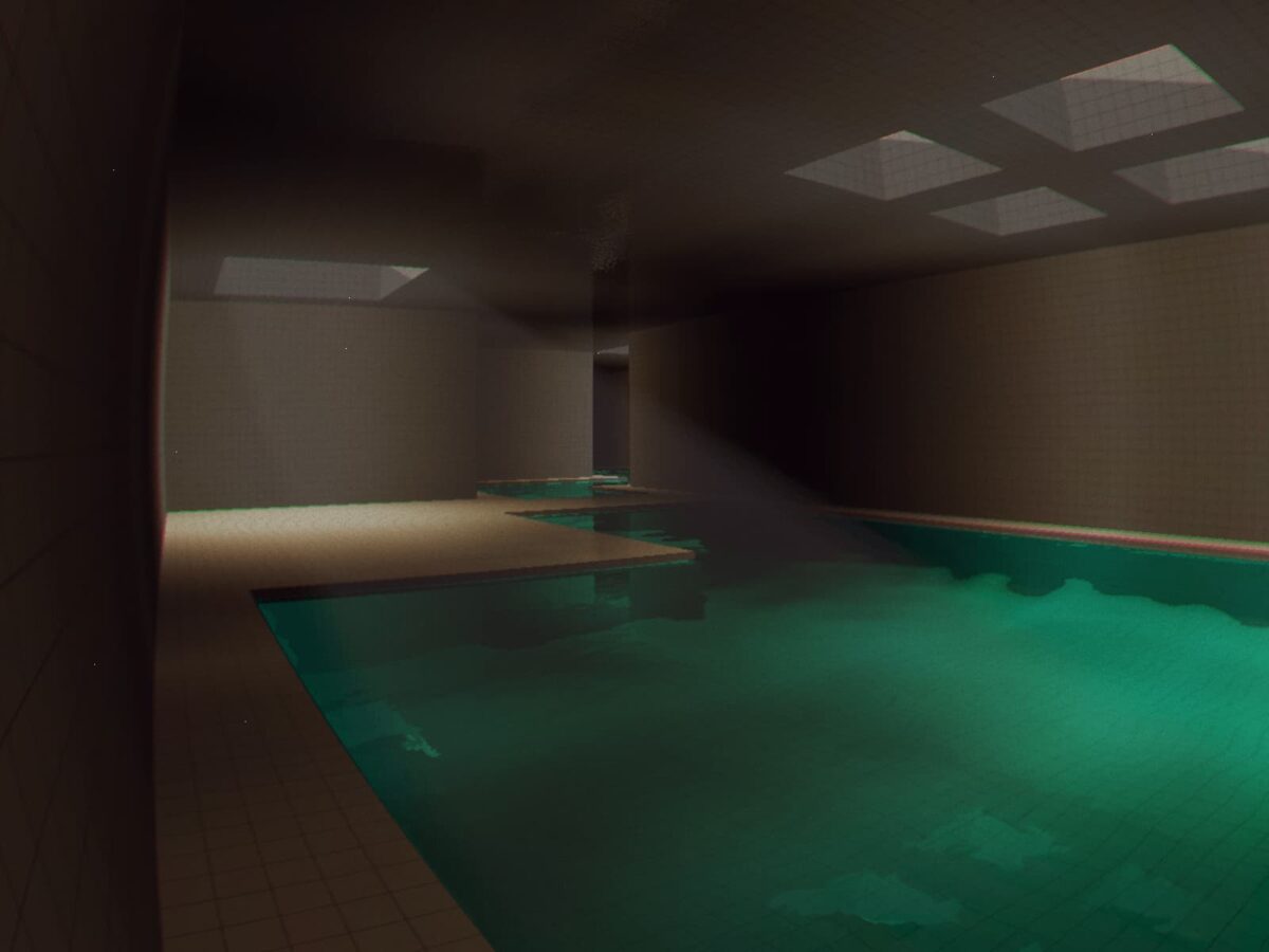 mod Minecraft Minecraft Found Footage – grande salle aquatique éclairée par la lumière du jour dans les Poolrooms