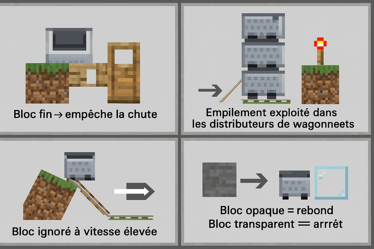 Illustration en style Minecraft présentant quatre scénarios de collision pour les wagonnets : bloc fin empêchant la chute, empilement dans un distributeur, traversée de bloc à grande vitesse et différence de réaction entre bloc opaque et bloc transparent.