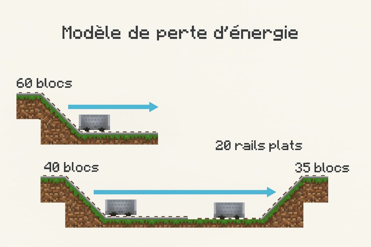 Diagramme en style pixel-art montrant la perte d’énergie d’un wagonnet dans Minecraft : une descente de 60 blocs permet de remonter 40 blocs, ou 35 blocs après 20 rails plats.