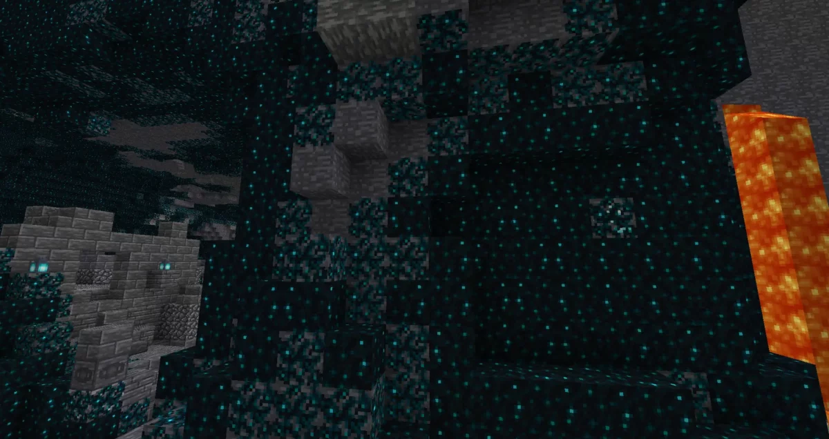 ruine souterraine avec blocs de sculk et lave dans Minecraft avec le pack de textures Golden Days