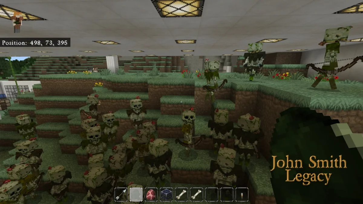 horde de squelettes recouverts de mousse avec le pack de texture Minecraft John Smith Legacy dans un décor de collines verdoyantes