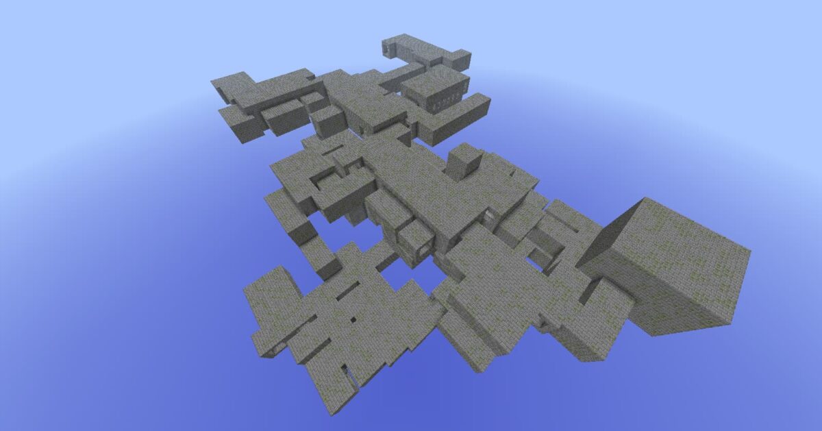 Vue complète d’un fort Minecraft mis à nu, révélant l’ensemble de sa structure souterraine.