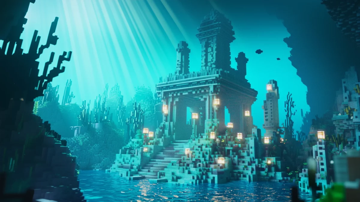 Structure sous-marine complexe construite en prismarine dans Minecraft, éclairée par des lanternes aquatiques.