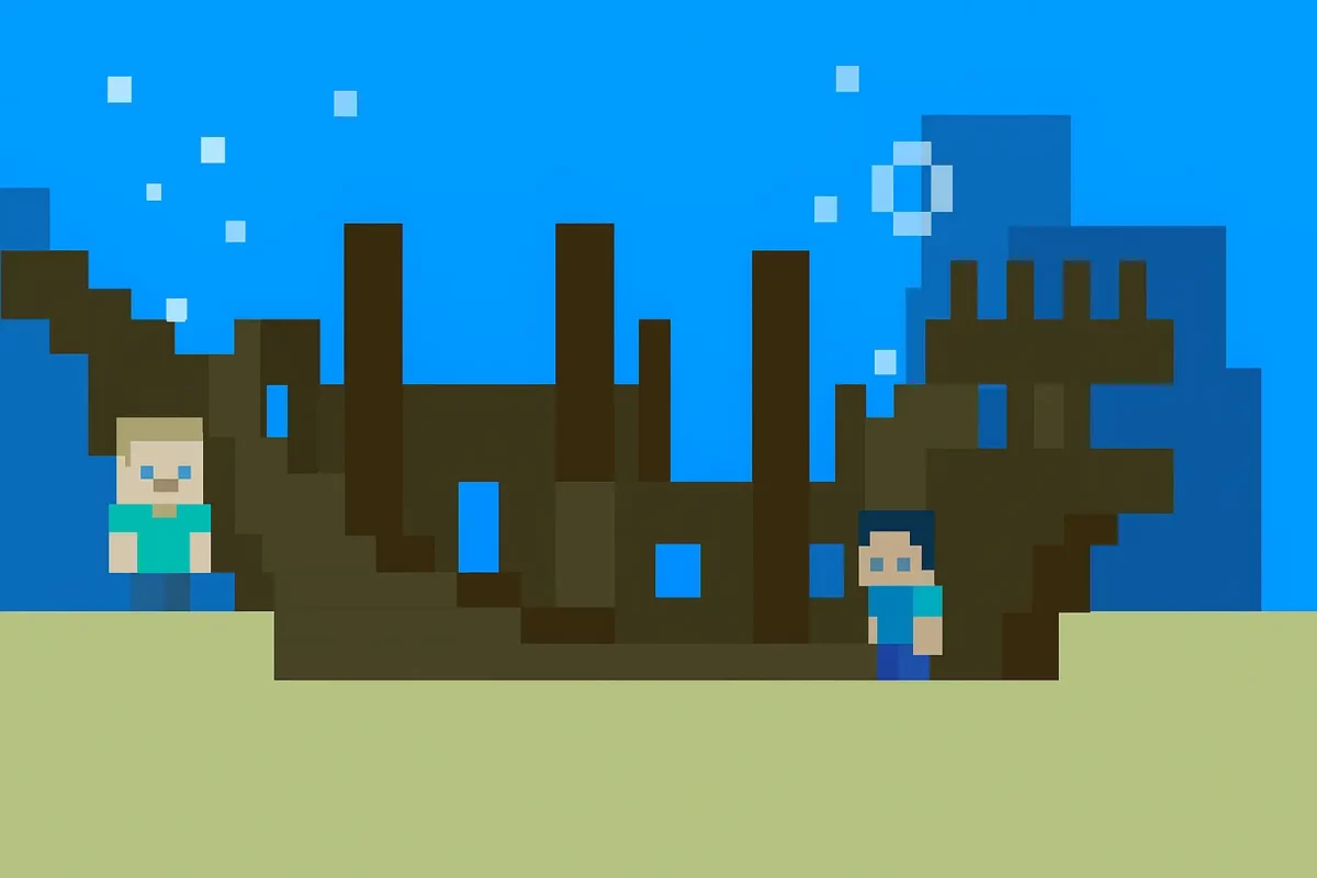 succes minecraft navire en vue deux personnages sous l’eau explorent une épave avec trois mâts dans un décor marin en pixel art style minecraft