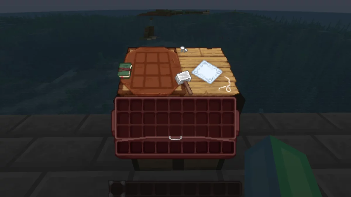 Interface de table de craft transformée par le pack de texture Minecraft Shrimp's Immersive Interfaces, avec marteau et carnets dessinés.