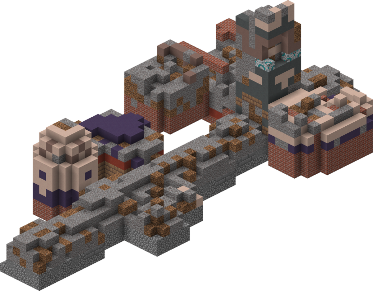 Vue isométrique d’une ruine de sentier complète dans Minecraft, composée de briques, terre cuite colorée et blocs de pierre.