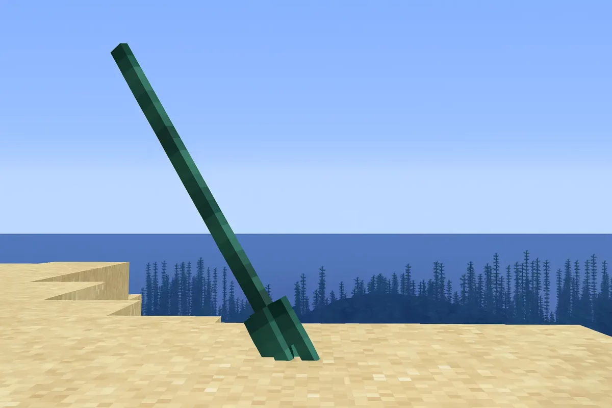 trident planté dans le sable sur une plage de Minecraft, avec l’océan et des algues en arrière-plan.