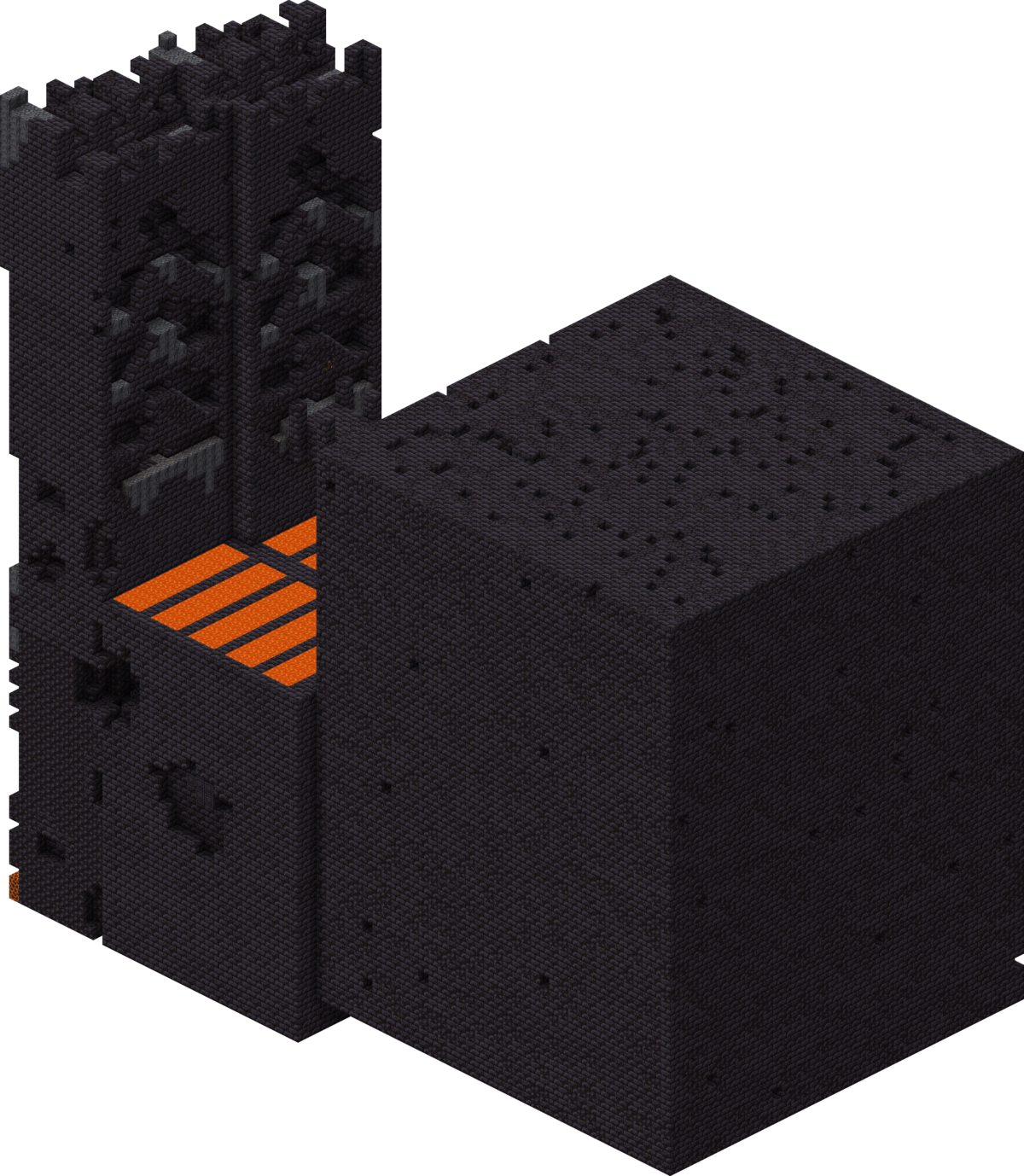 Vestiges de bastion dans Minecraft, immense structure en roche noire traversée de ponts et de coulées de lave.