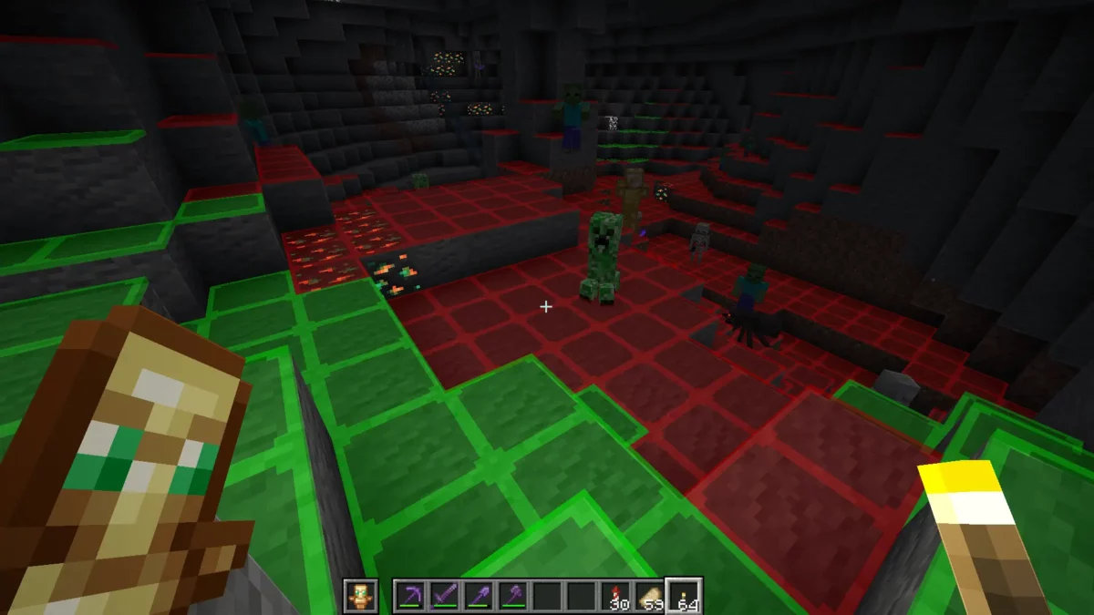 modpack Minecraft Vanilla Perfected avec visualisation des zones de spawn des monstres dans une grotte