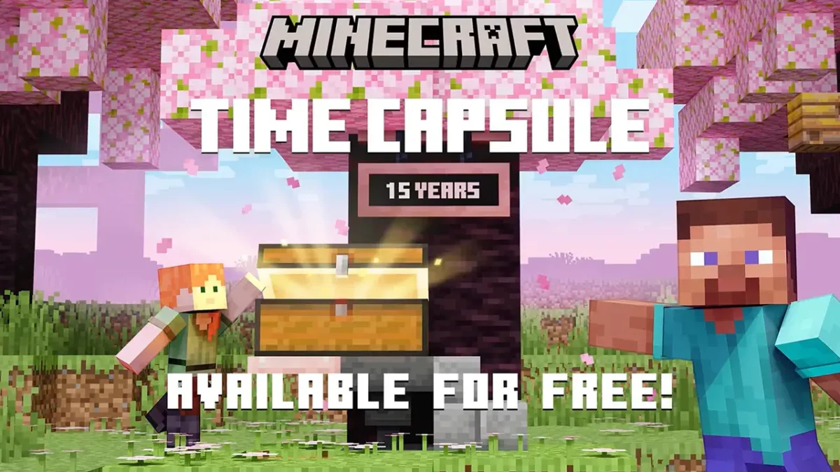 Illustration officielle du contenu téléchargeable gratuit Time Capsule pour Minecraft, avec Steve et Alex