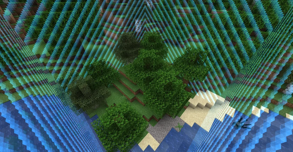 Vue aérienne d’un chunk forestier entouré de bordures bleues dans Minecraft, avec arbres, plage et océan.
