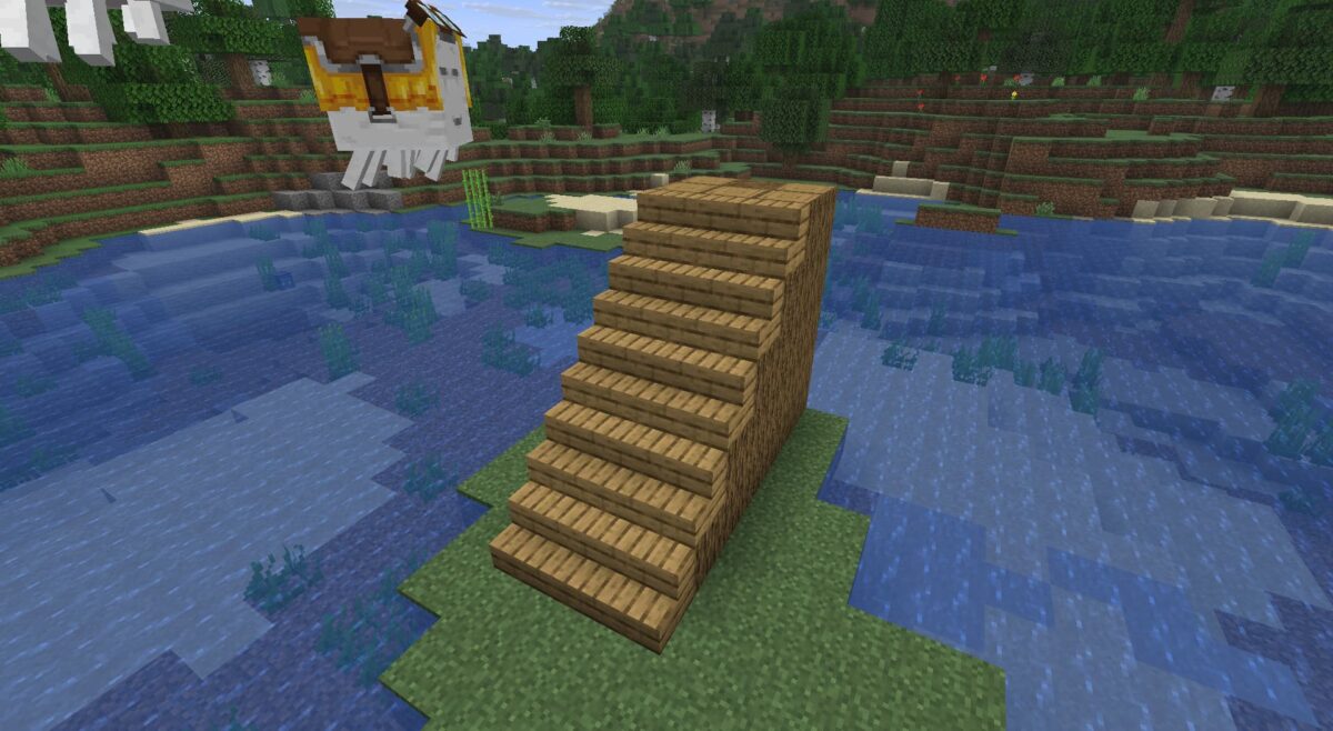 Escalier en bois dans Minecraft avec des marches ajoutées pour faciliter l’accès à une station de ghasts.

