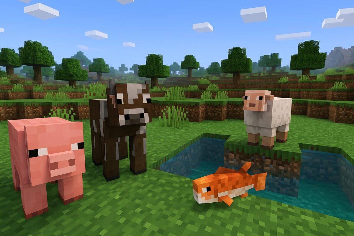 Animaux passifs dans Minecraft devant un petit étang, avec un cochon, une vache, un mouton et un poisson dans un paysage verdoyant.